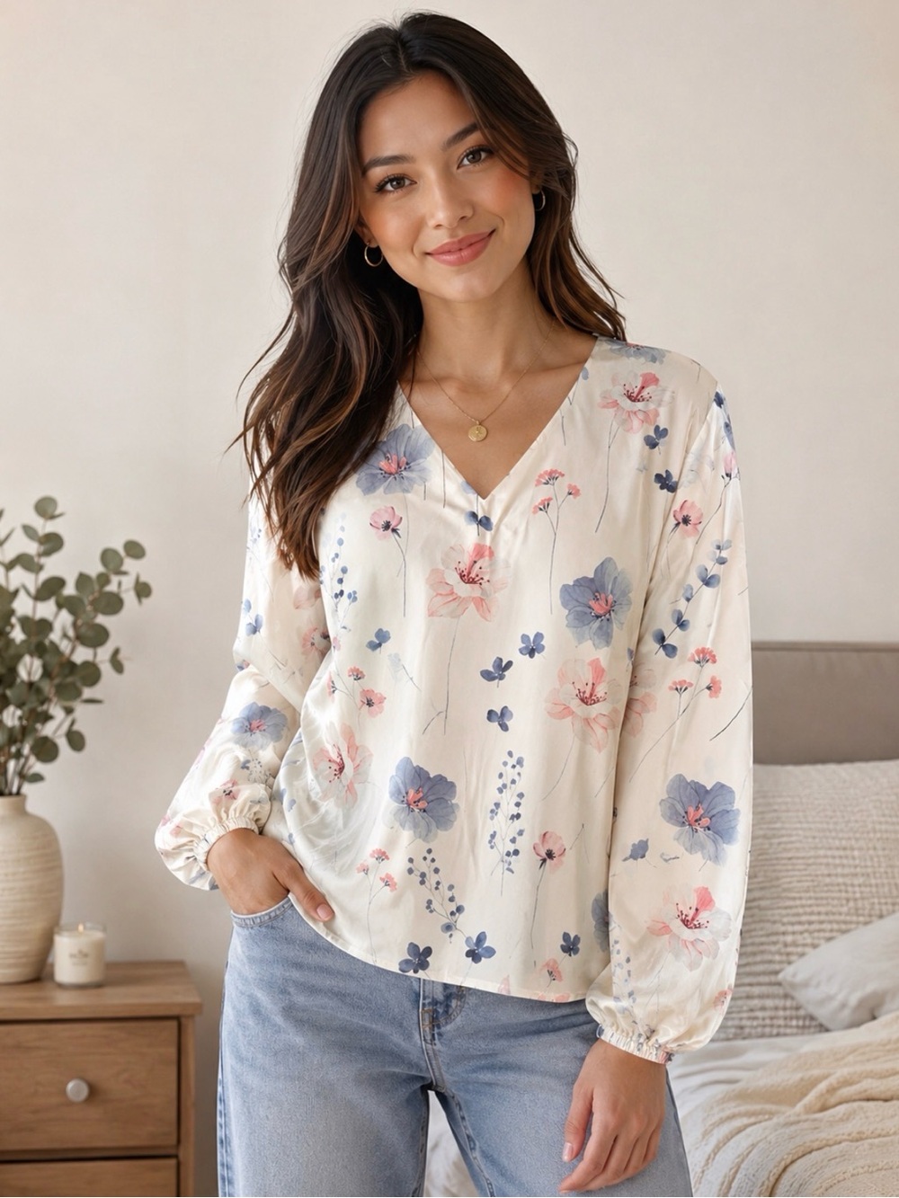 SHEIN White Floral V-Neck Long Sleeve Blouse with Pink & Blue Flowers